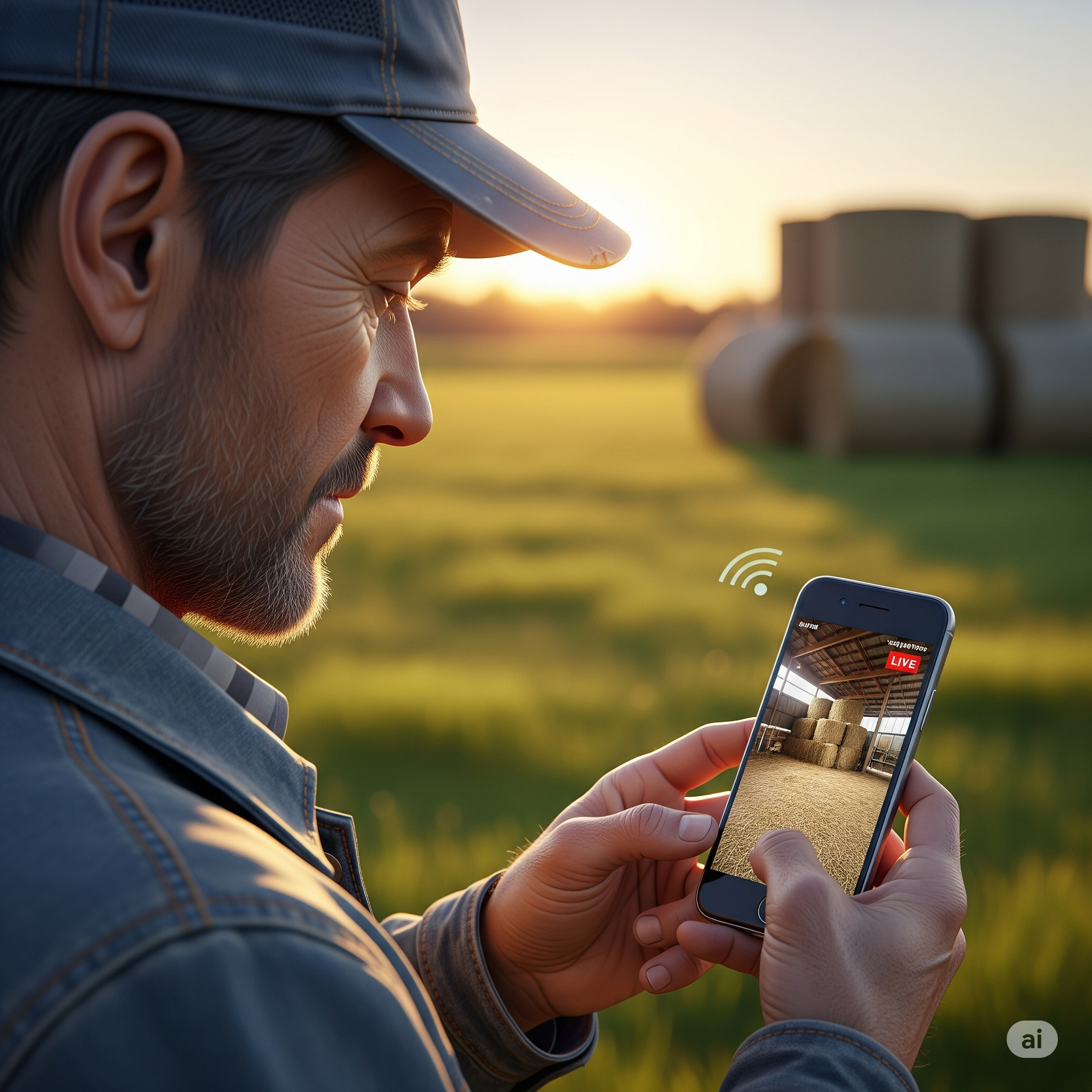 Farmer checking barn camera feed on smartphone