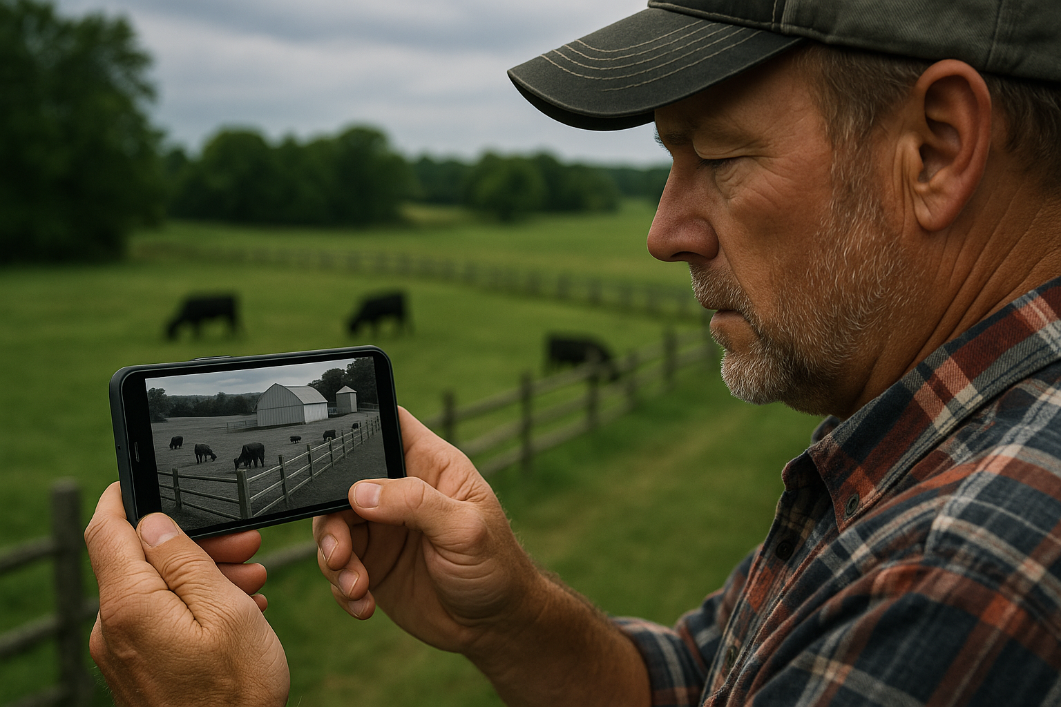 Farmer checking CCTV on a Mobile Device
