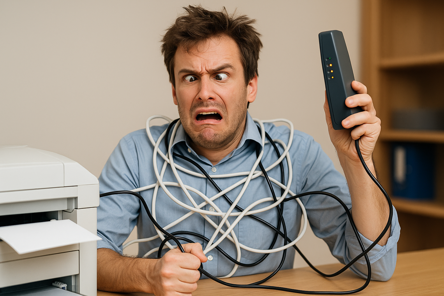 Employee struggling with cables